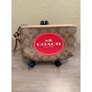 Coach Signature Wristlet Pouch Brown Canvas Red Logo Zip Clutch Small Wallet